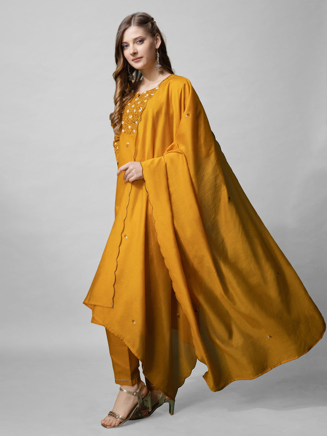 Jyoti Fashion Women's Mustard Cotton Blend Embroidered Kurta Set