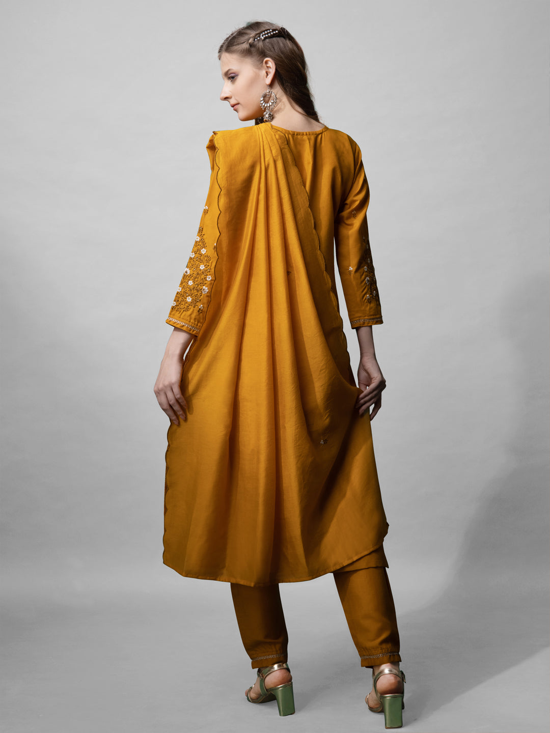 Jyoti Fashion Women's Mustard Cotton Blend Embroidered Kurta Set