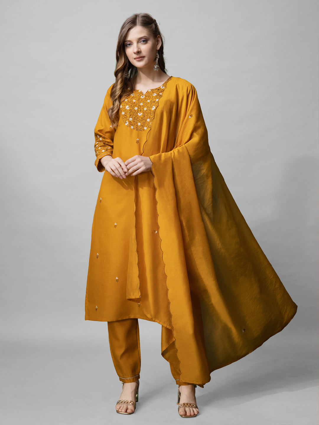 Jyoti Fashion Women's Mustard Cotton Blend Embroidered Kurta Set