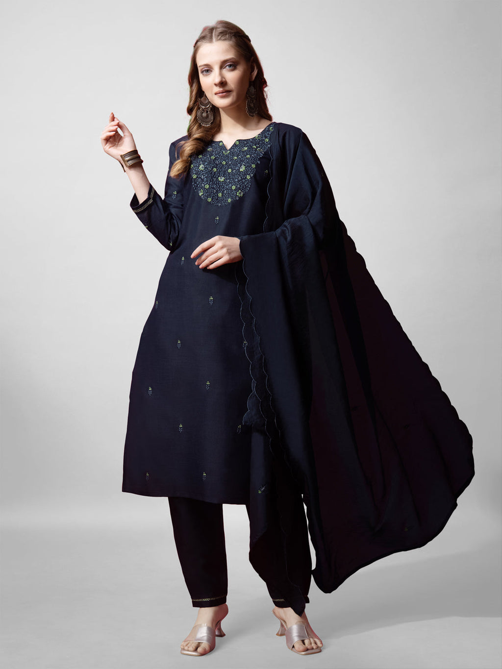 Jyoti Fashion Women's Navy Blue Cotton Blend Embroidered Kurta Set