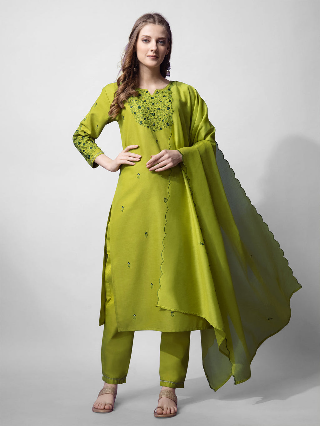 Jyoti Fashion Women's Parrot Green Cotton Blend Embroidered Kurta Set