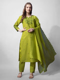 Jyoti Fashion Women's Parrot Green Cotton Blend Embroidered Kurta Set