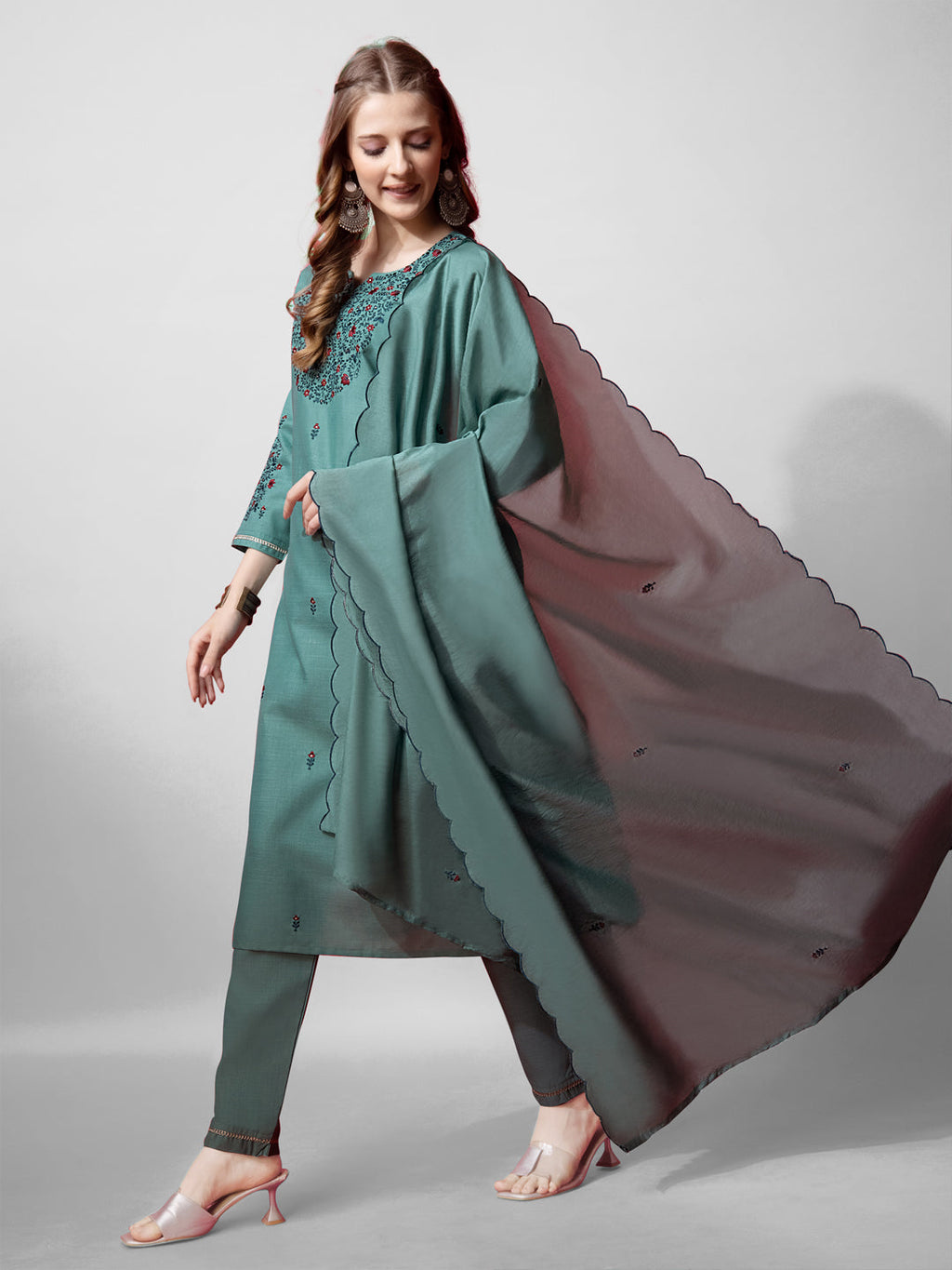 Jyoti Fashion Women's Teal Cotton Blend Embroidered Kurta Set