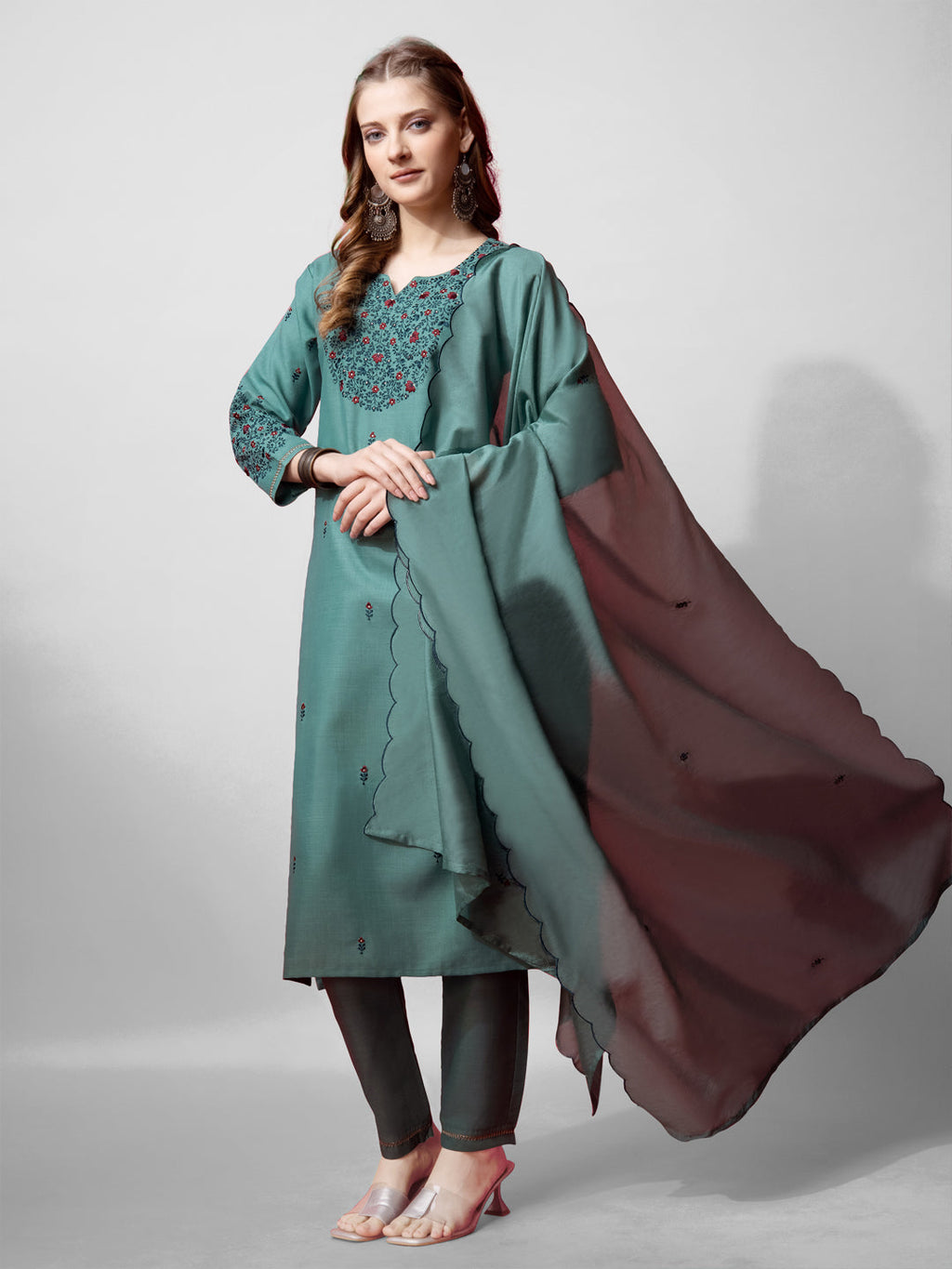 Jyoti Fashion Women's Teal Cotton Blend Embroidered Kurta Set