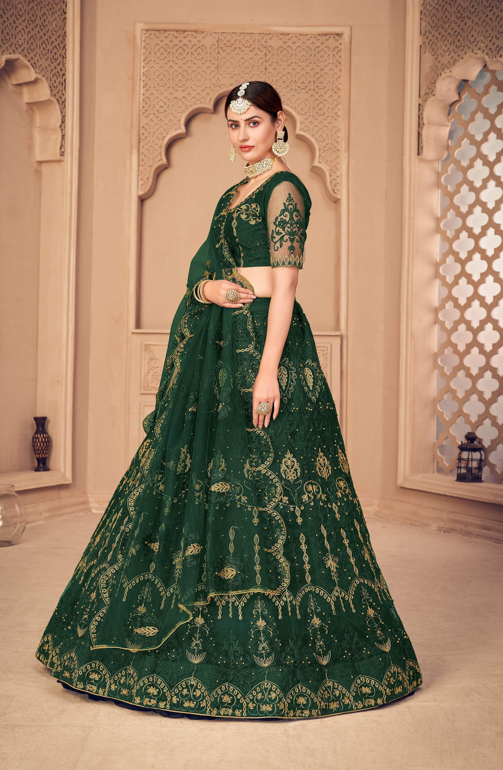 Jyoti Fashion Women's Dark Green Net Thread Embroidered Designer Lehenga Choli Set