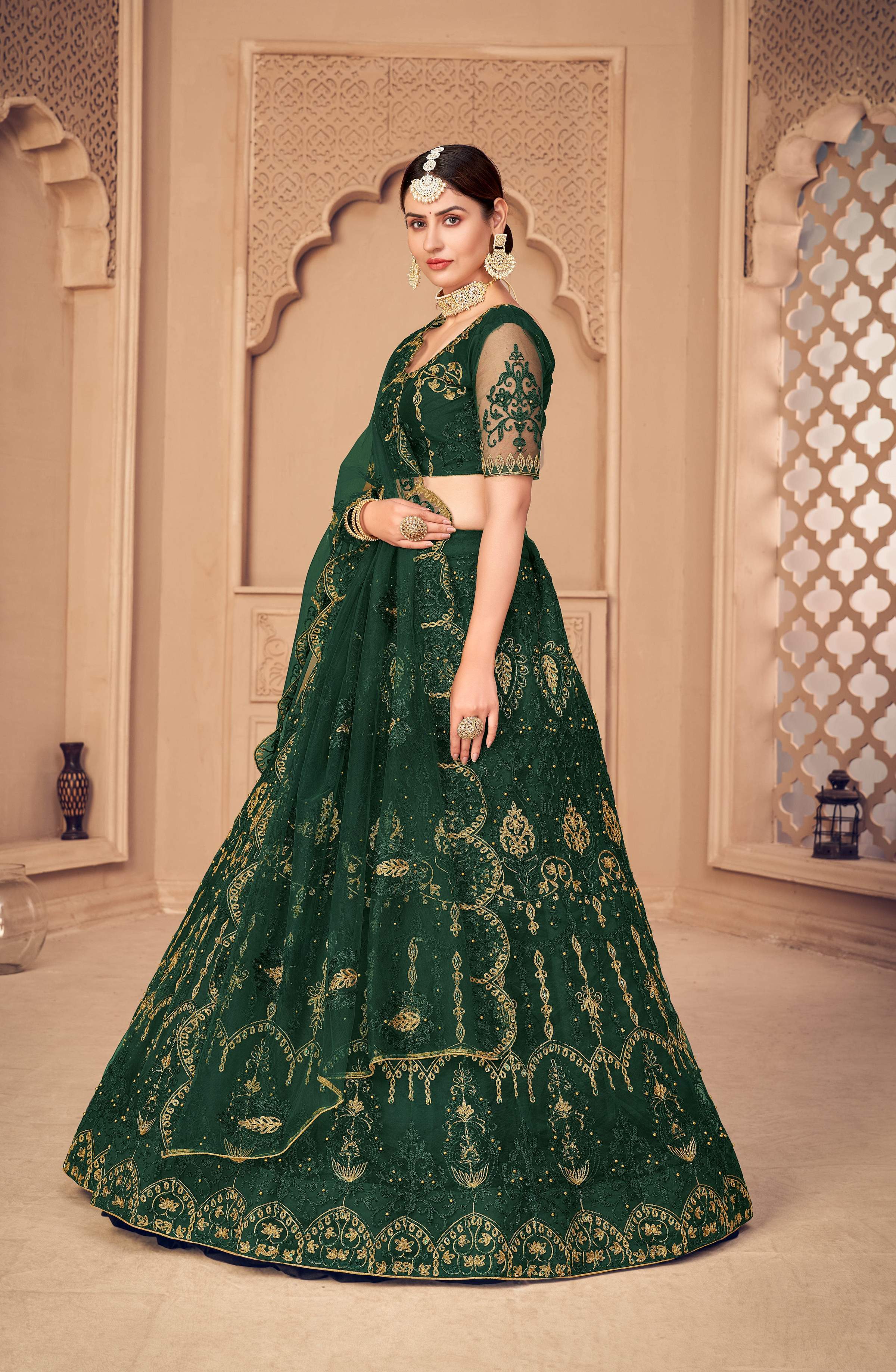 Jyoti Fashion Women's Dark Green Net Thread Embroidered Designer Lehenga Choli Set