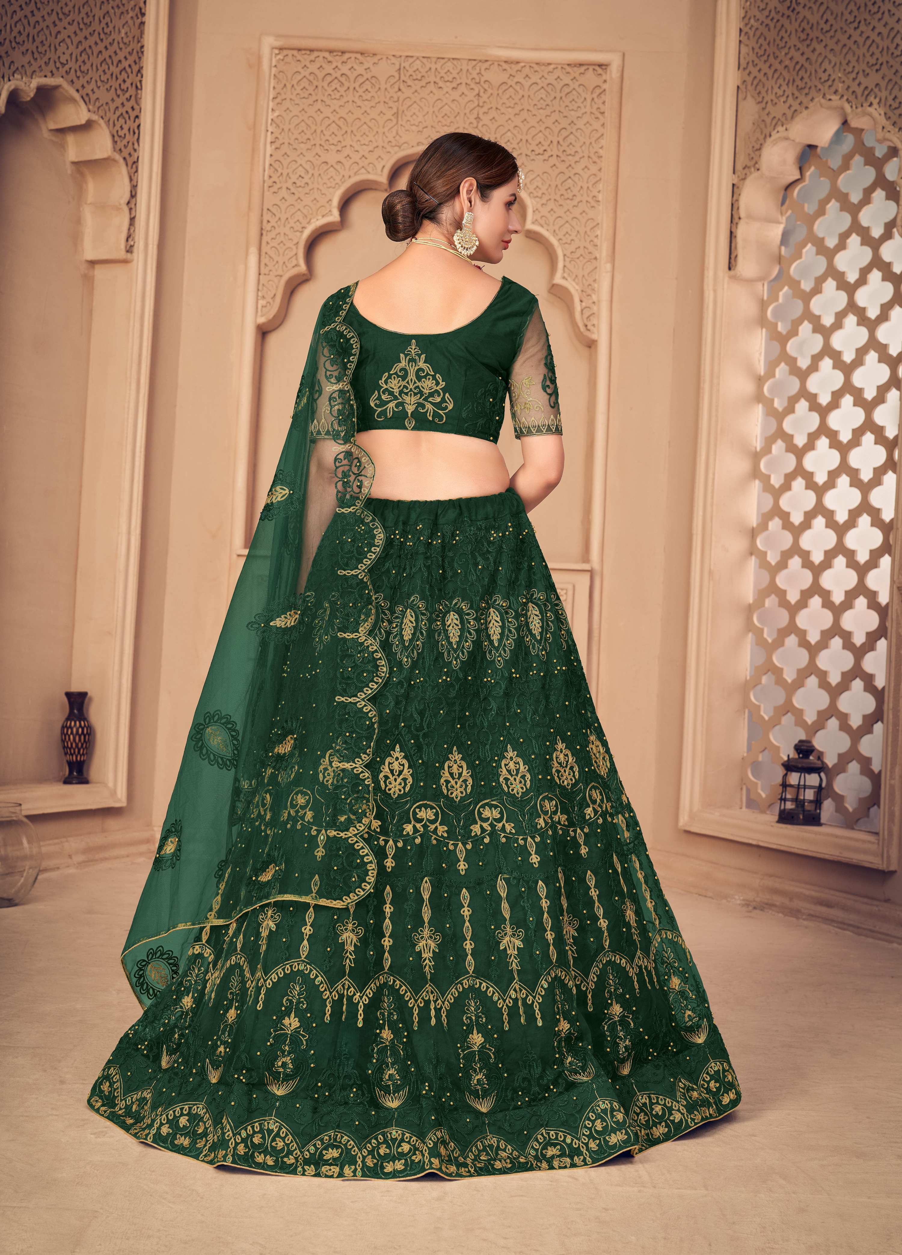 Jyoti Fashion Women's Dark Green Net Thread Embroidered Designer Lehenga Choli Set