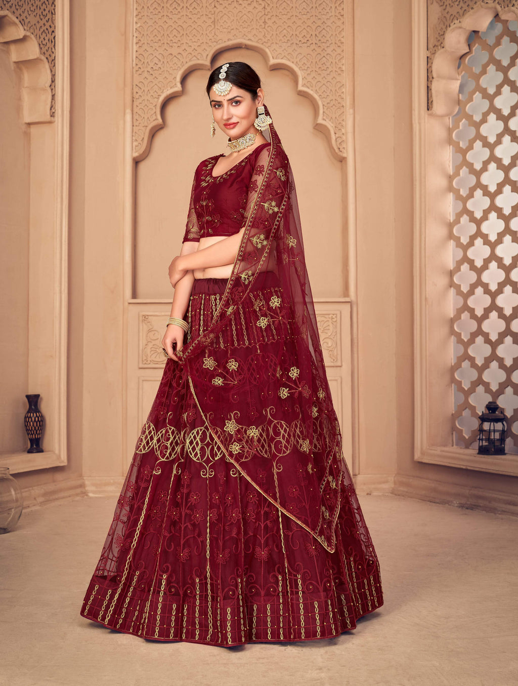 Jyoti Fashion Women's Maroon Net Thread Embroidered Designer Lehenga Choli Set