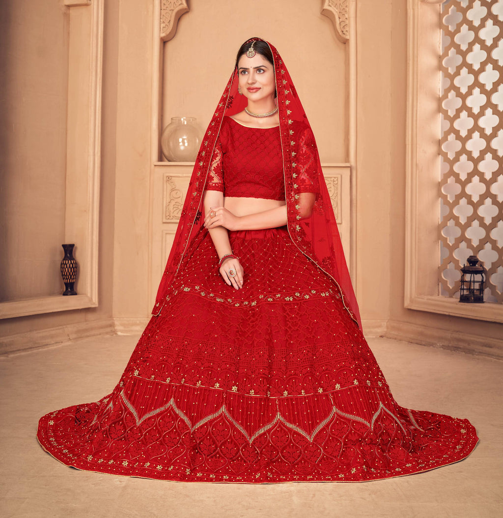 Jyoti Fashion Women's Red Net Thread Embroidered Designer Lehenga Choli Set