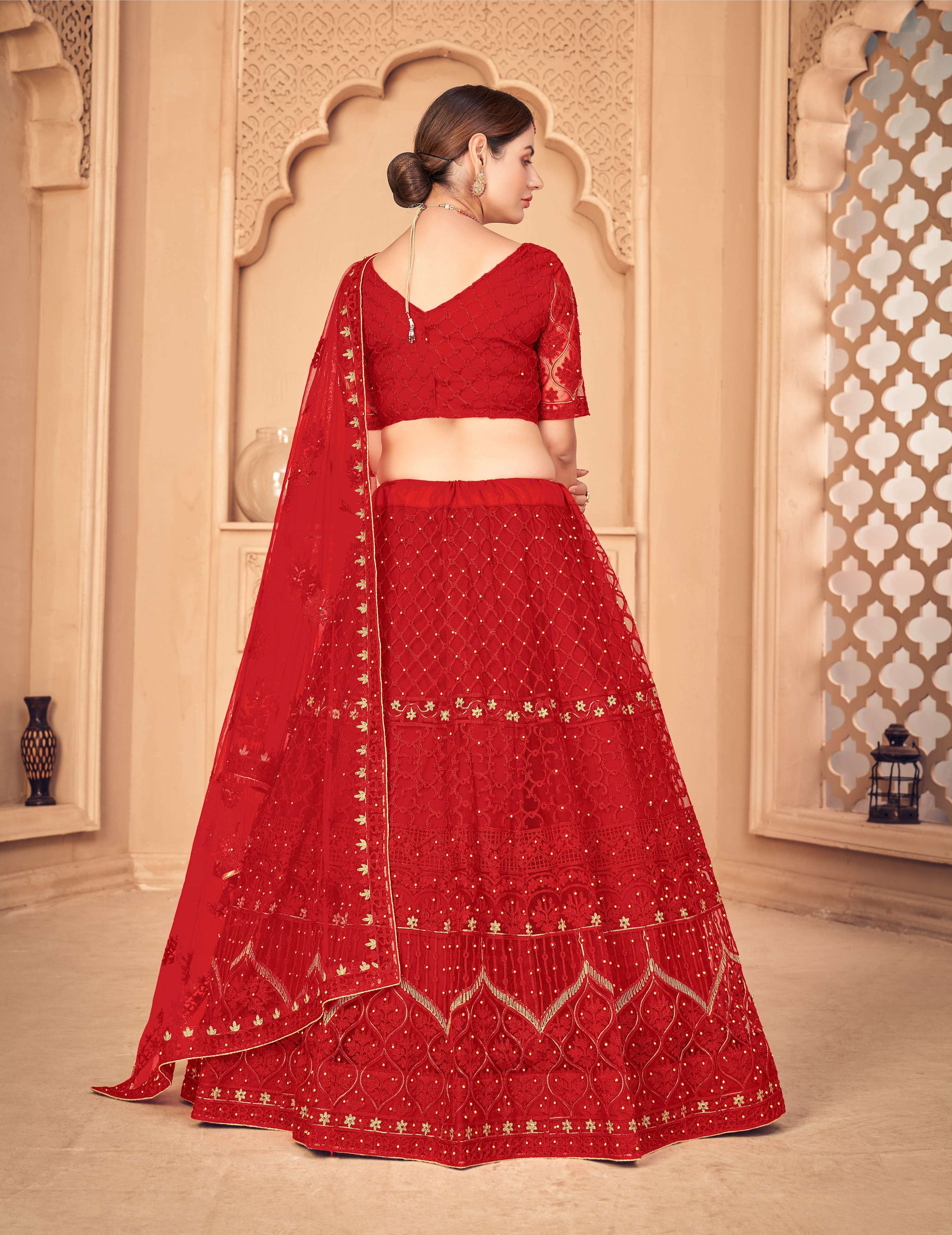 Jyoti Fashion Women's Red Net Thread Embroidered Designer Lehenga Choli Set