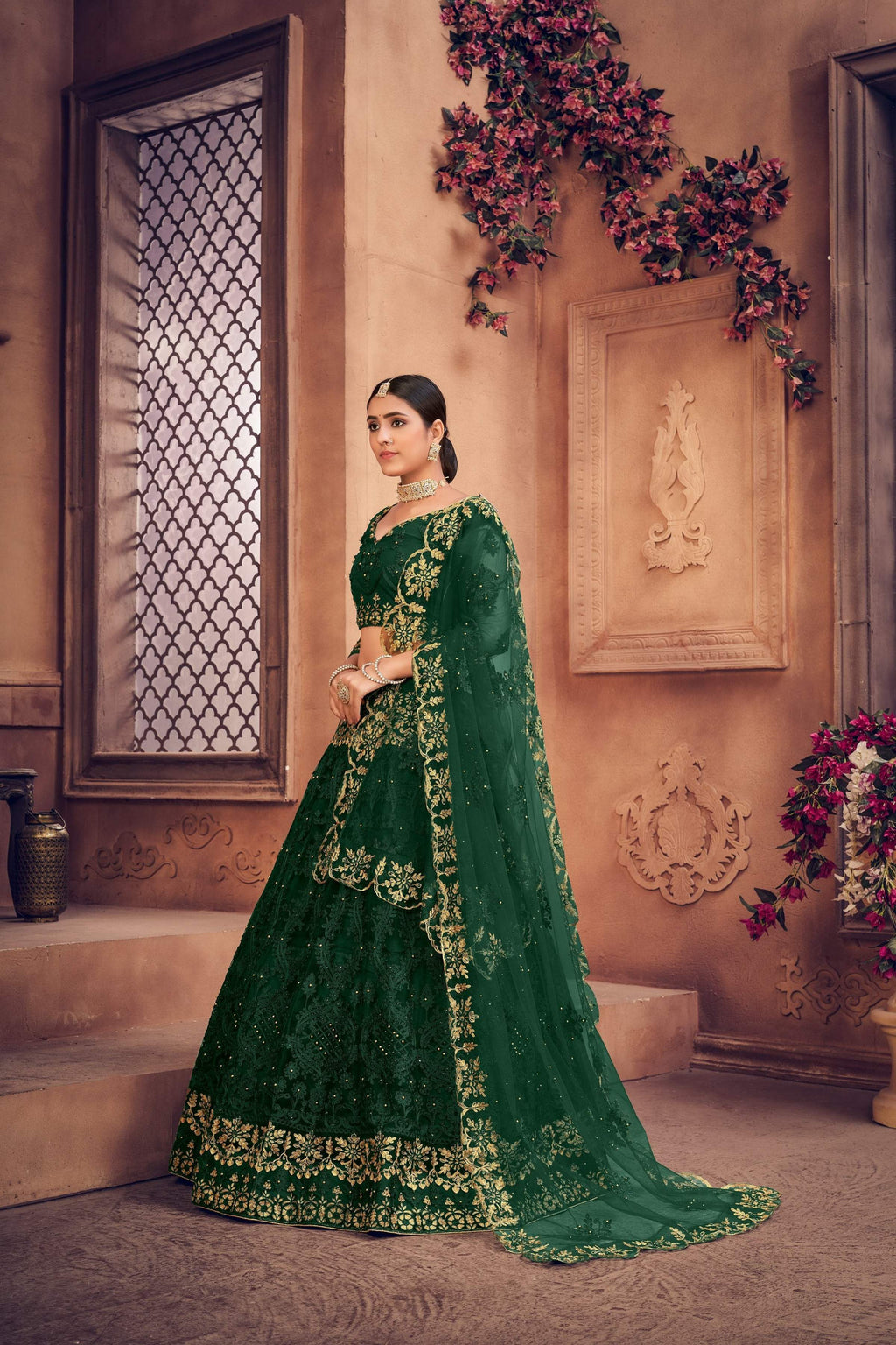 Jyoti Fashion Women's Dark Green Net Thread Embroidered Designer Lehenga Choli Set