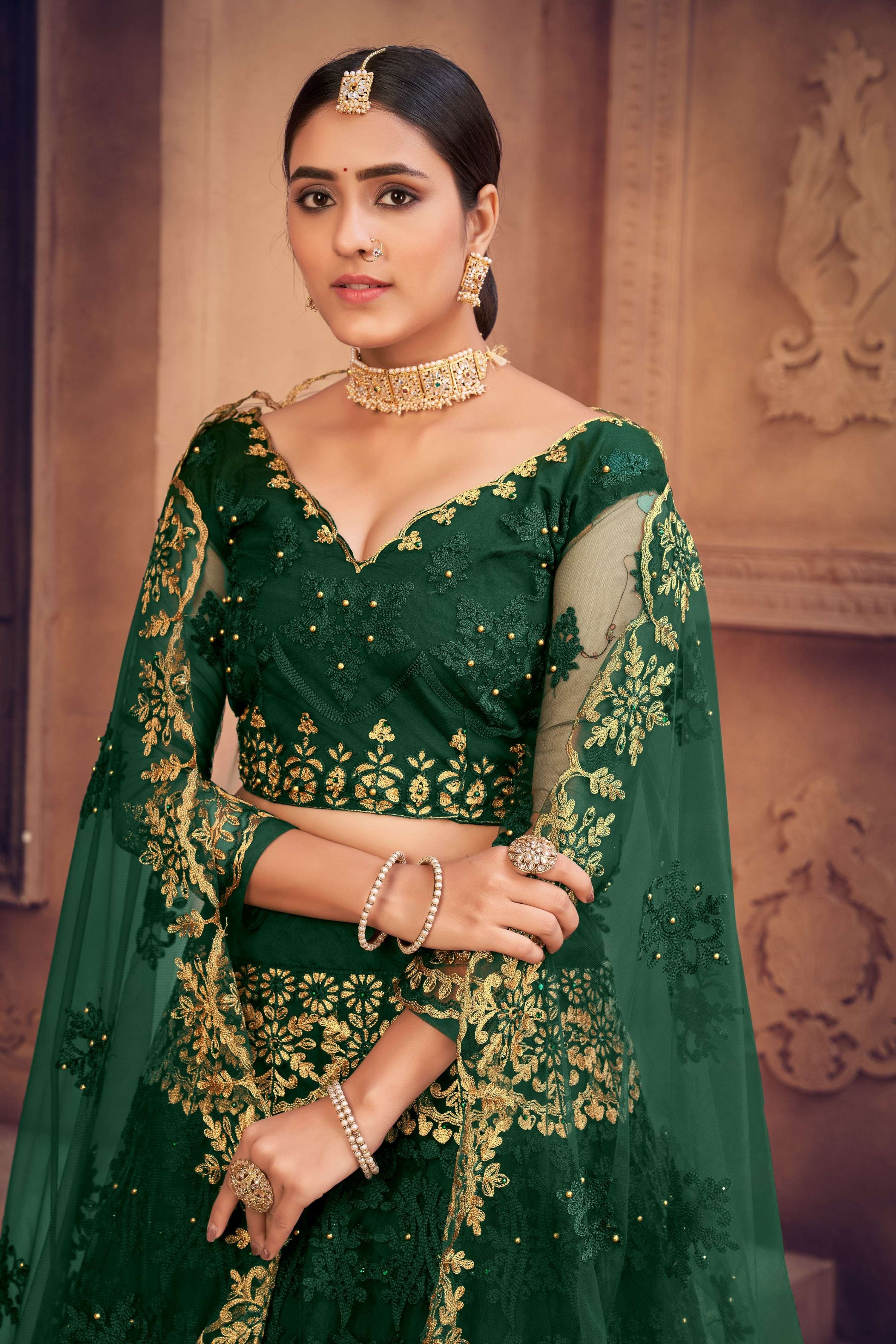 Jyoti Fashion Women's Dark Green Net Thread Embroidered Designer Lehenga Choli Set