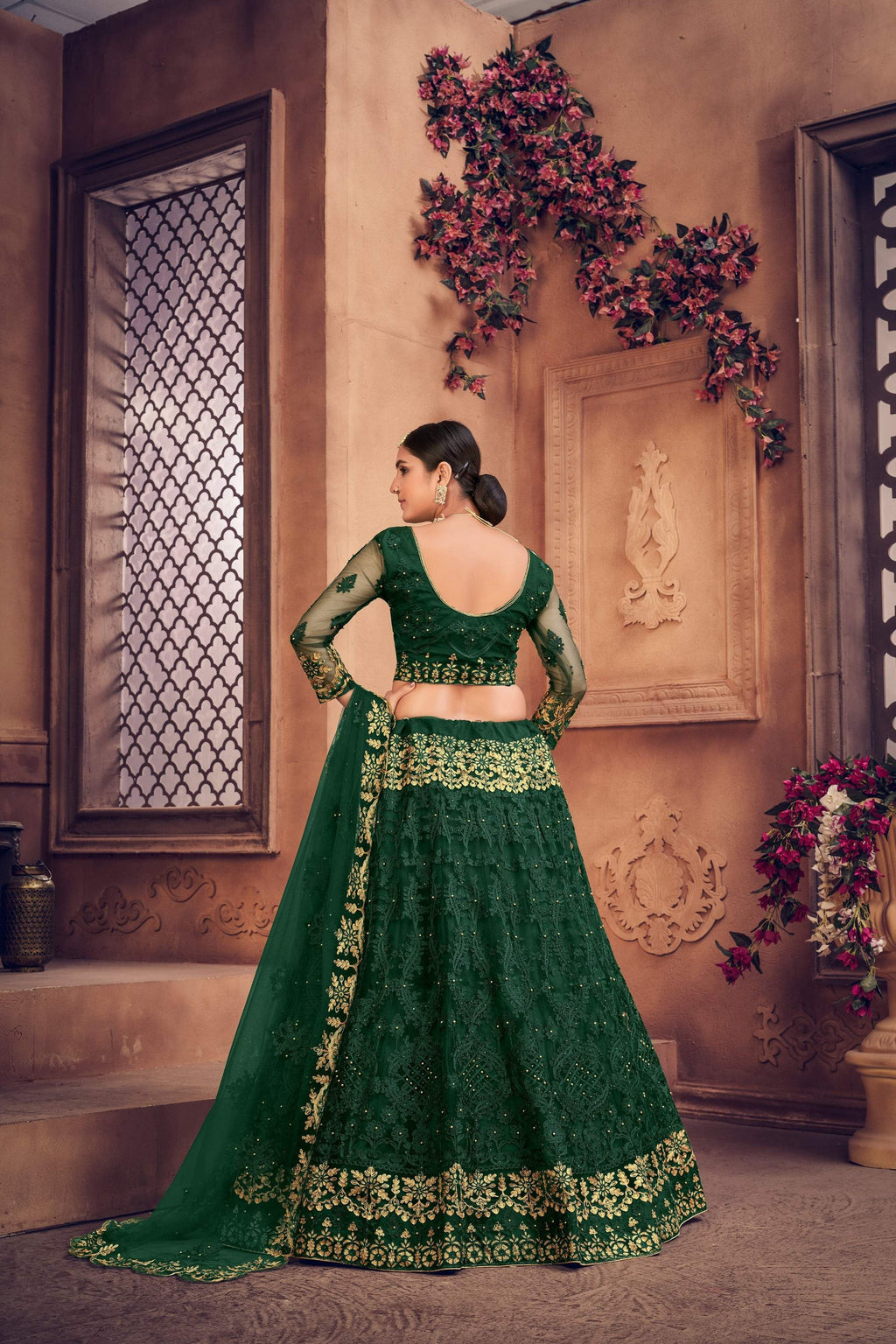 Jyoti Fashion Women's Dark Green Net Thread Embroidered Designer Lehenga Choli Set