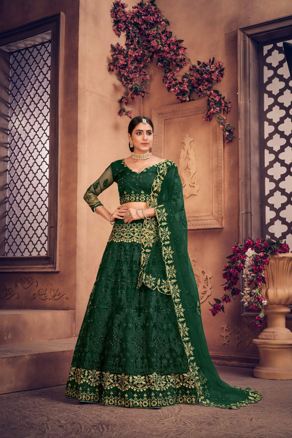 Jyoti Fashion Women's Dark Green Net Thread Embroidered Designer Lehenga Choli Set