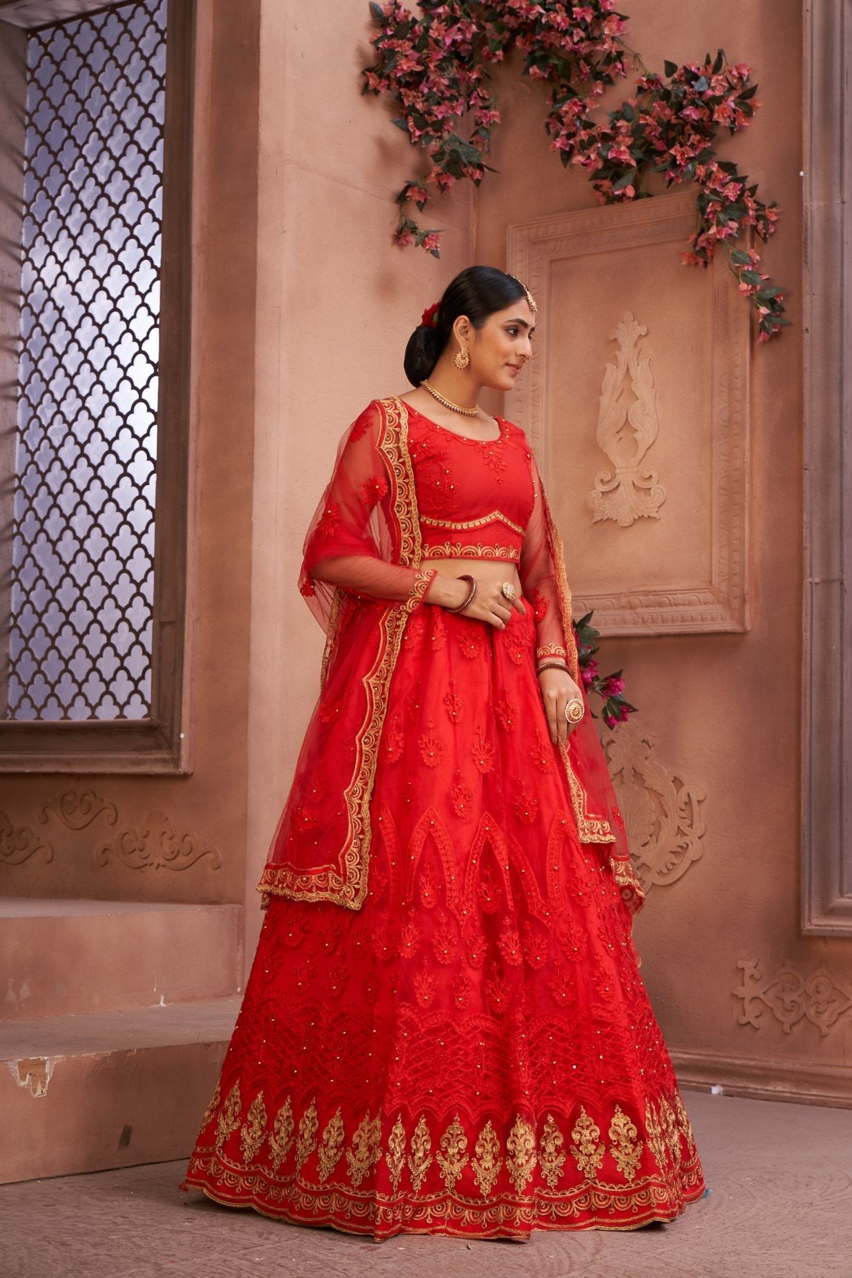 Jyoti Fashion Women's Red Net Thread Embroidered Designer Lehenga Choli Set