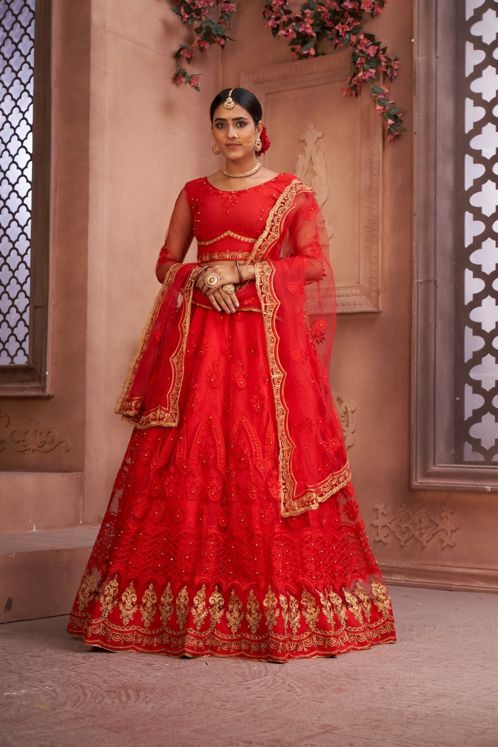 Jyoti Fashion Women's Red Net Thread Embroidered Designer Lehenga Choli Set