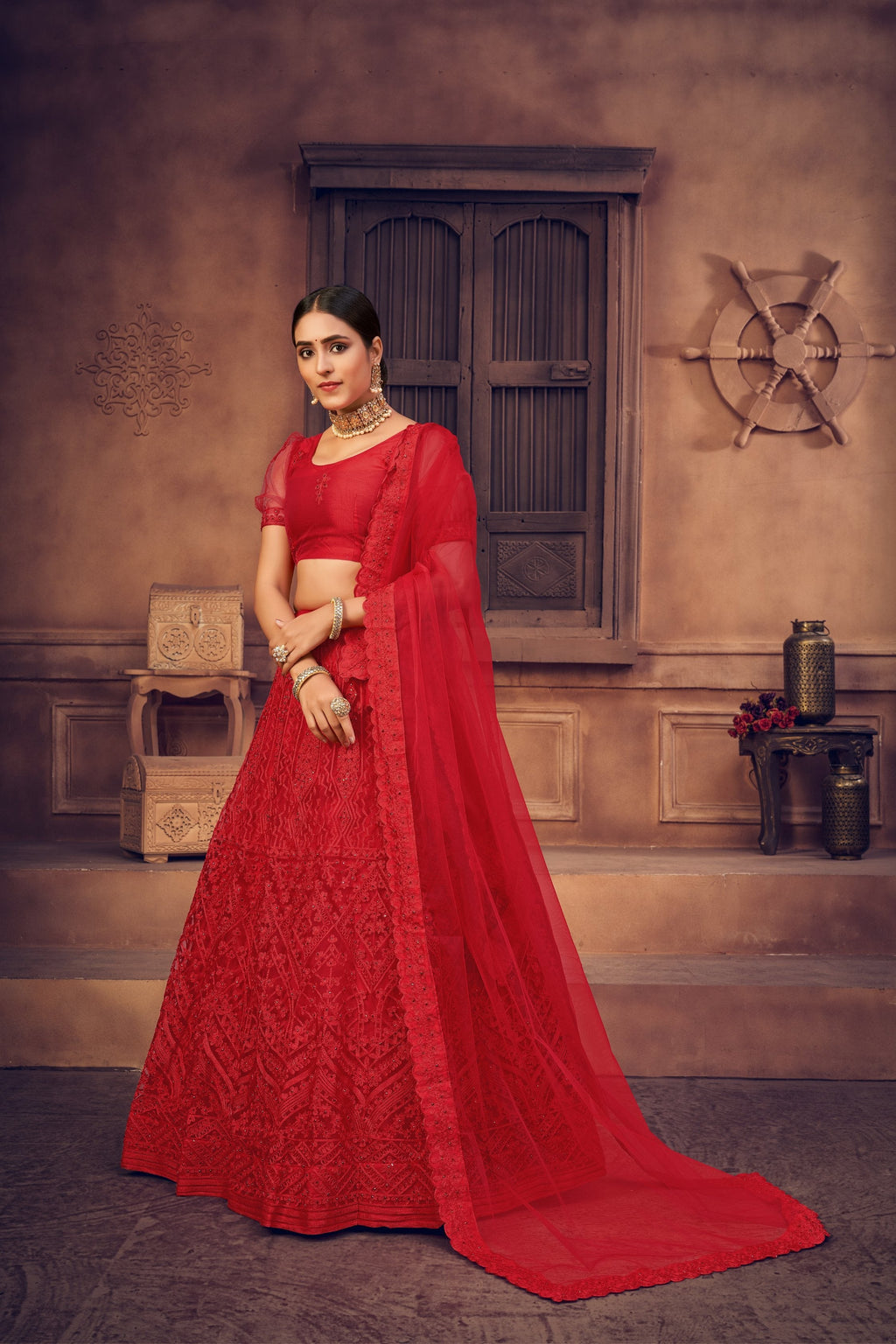 Jyoti Fashion Women's Red Net Thread Embroidered Designer Lehenga Choli Set