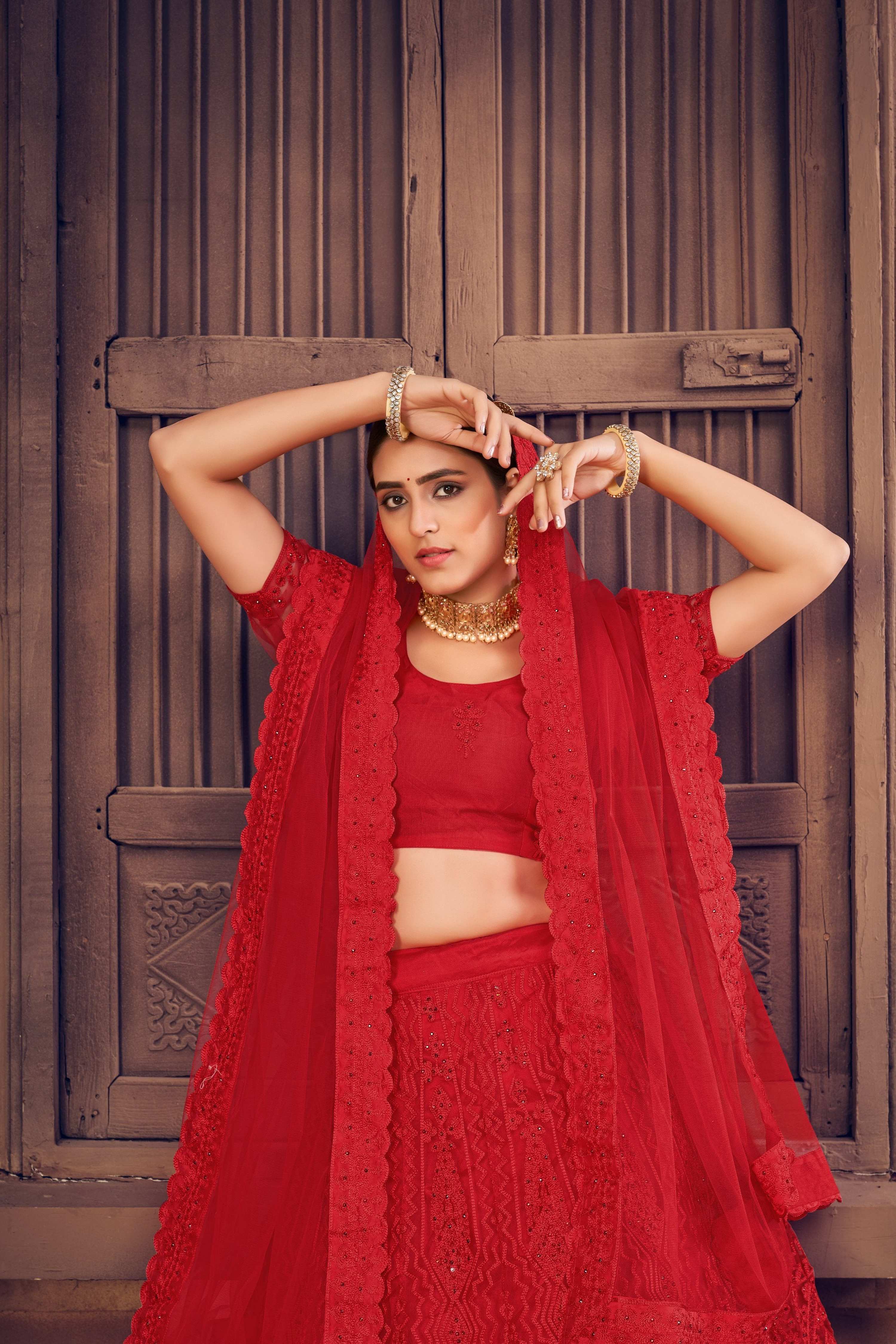 Jyoti Fashion Women's Red Net Thread Embroidered Designer Lehenga Choli Set