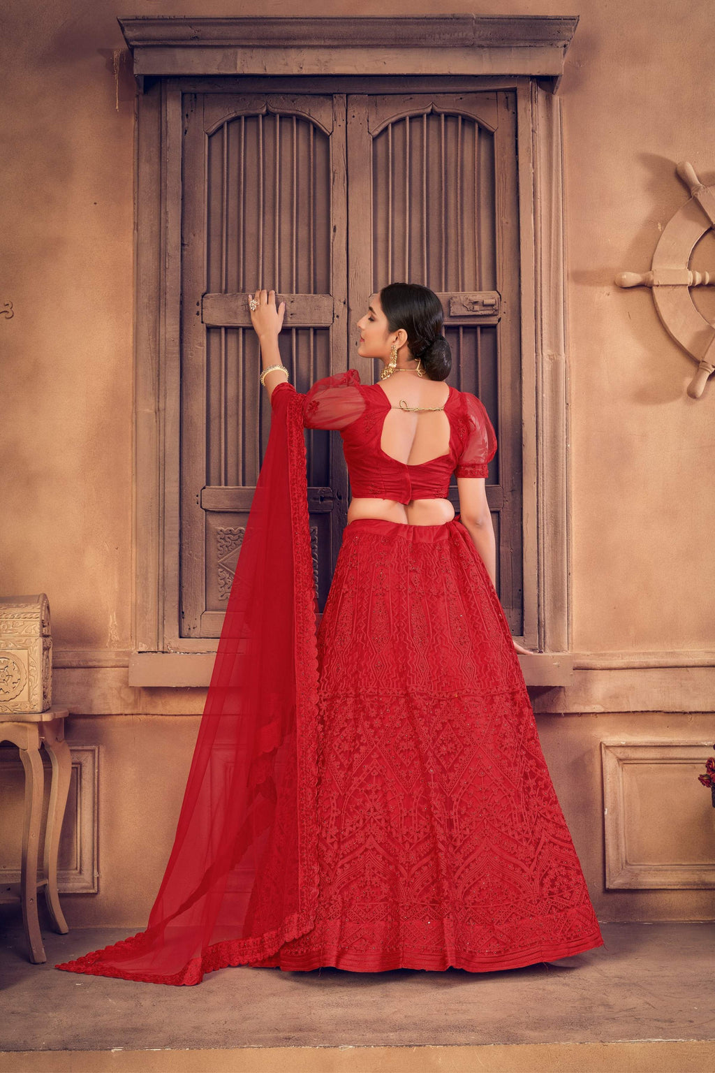 Jyoti Fashion Women's Red Net Thread Embroidered Designer Lehenga Choli Set