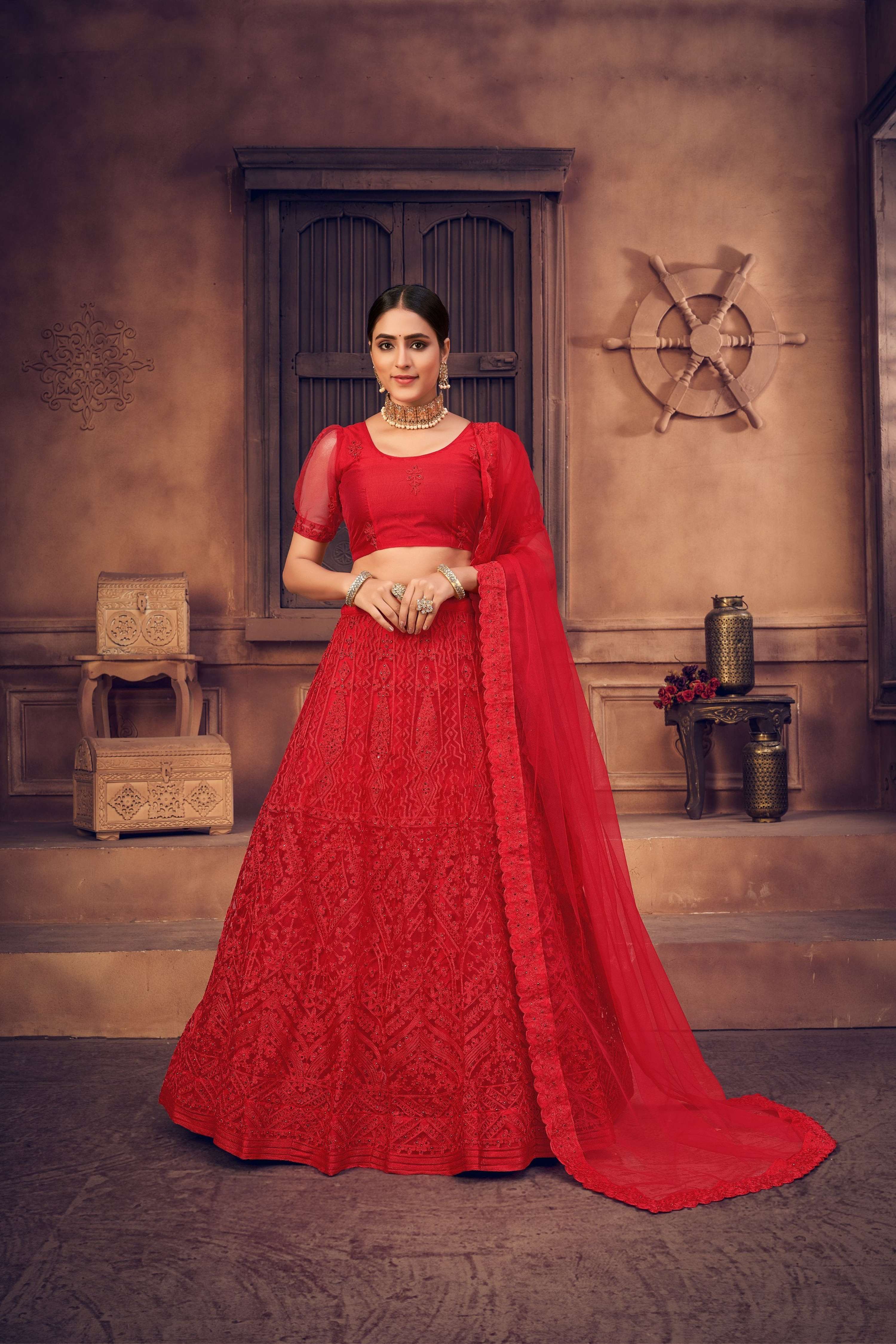 Jyoti Fashion Women's Red Net Thread Embroidered Designer Lehenga Choli Set