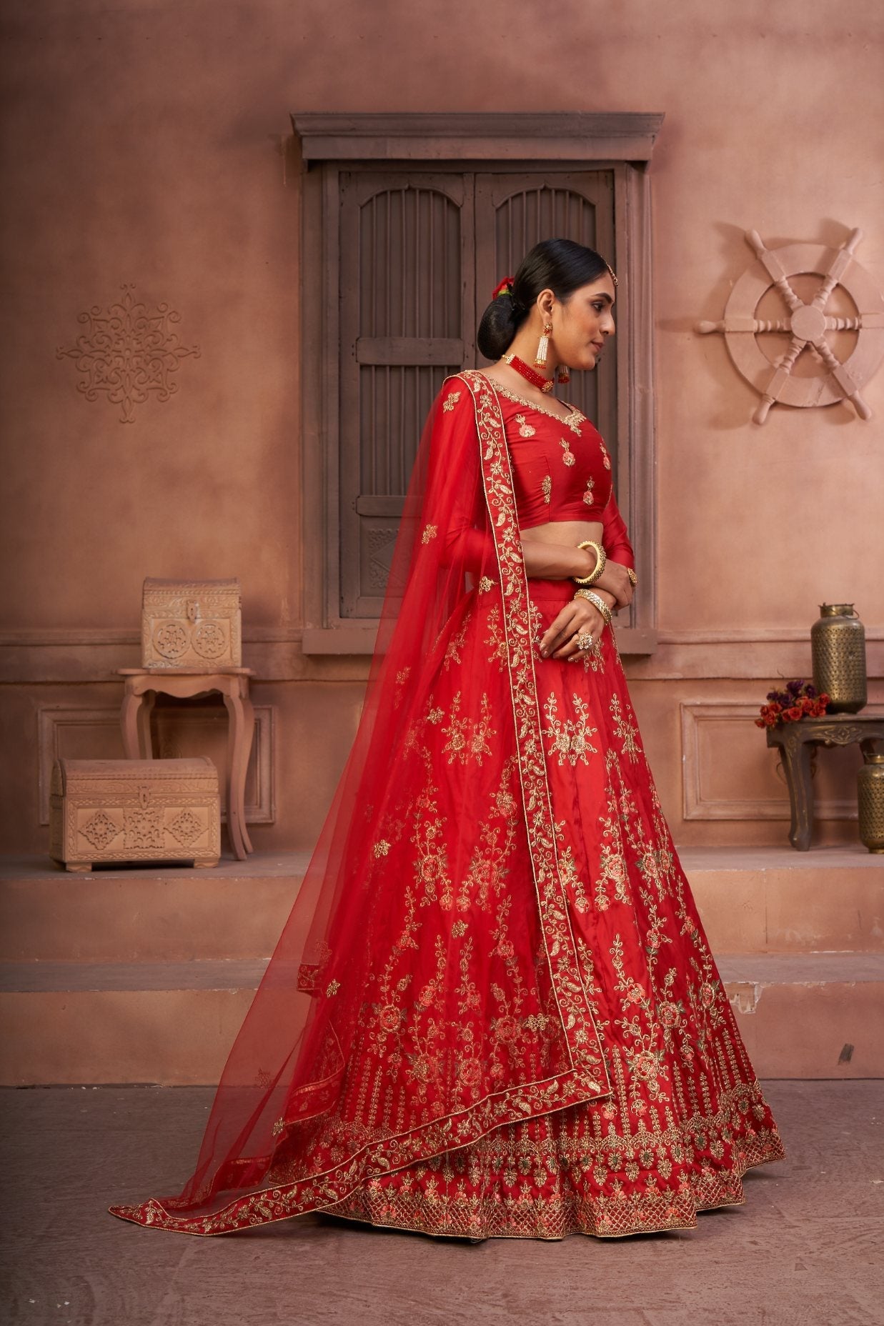 Jyoti Fashion Women's Red Taffeta Silk Thread Embroidered Designer Lehenga Choli Set