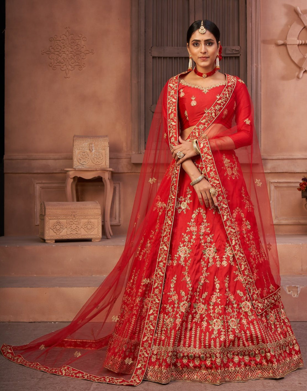 Jyoti Fashion Women's Red Taffeta Silk Thread Embroidered Designer Lehenga Choli Set