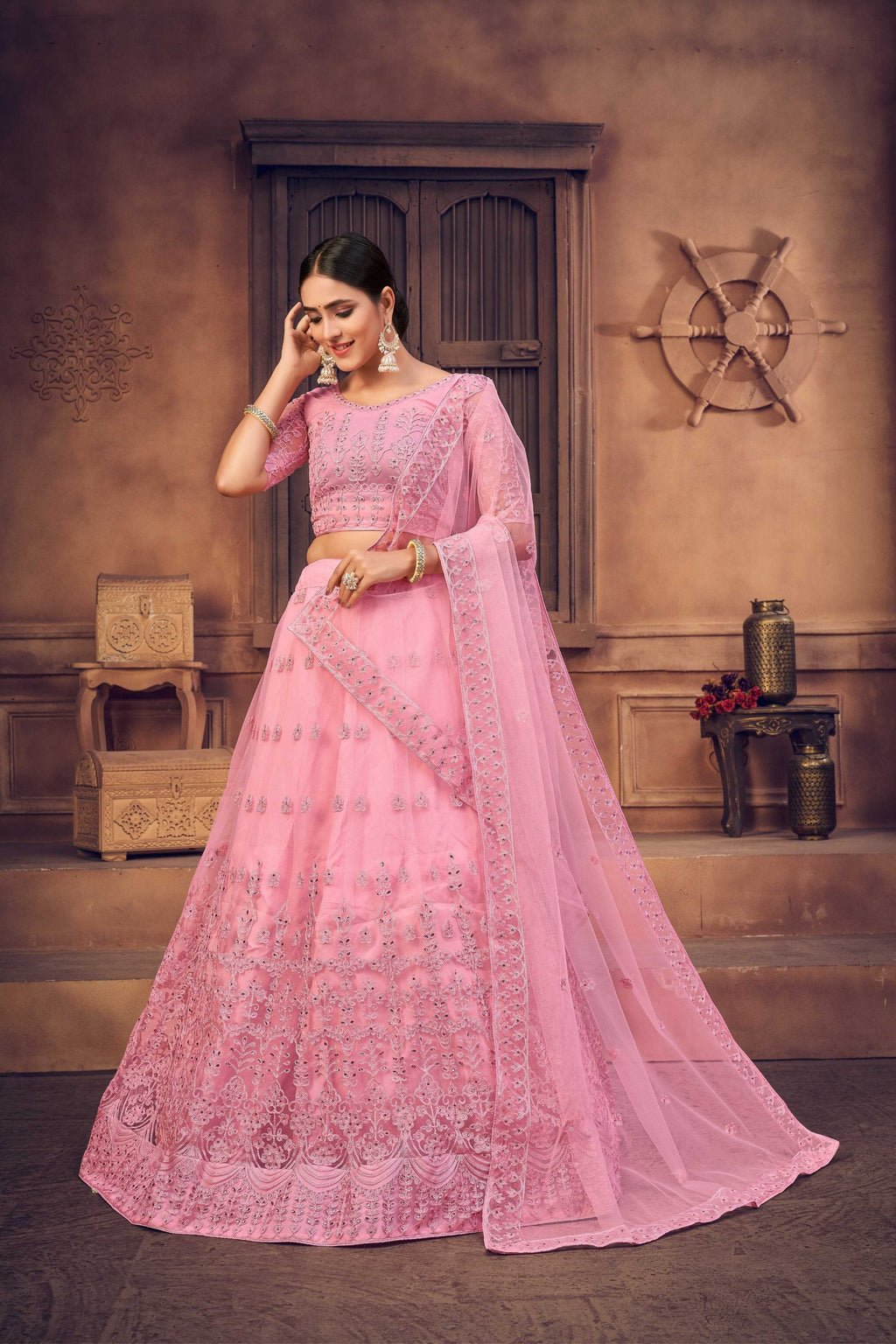 Jyoti Fashion Women's Baby Pink Net Thread Embroidered Designer Lehenga Choli Set