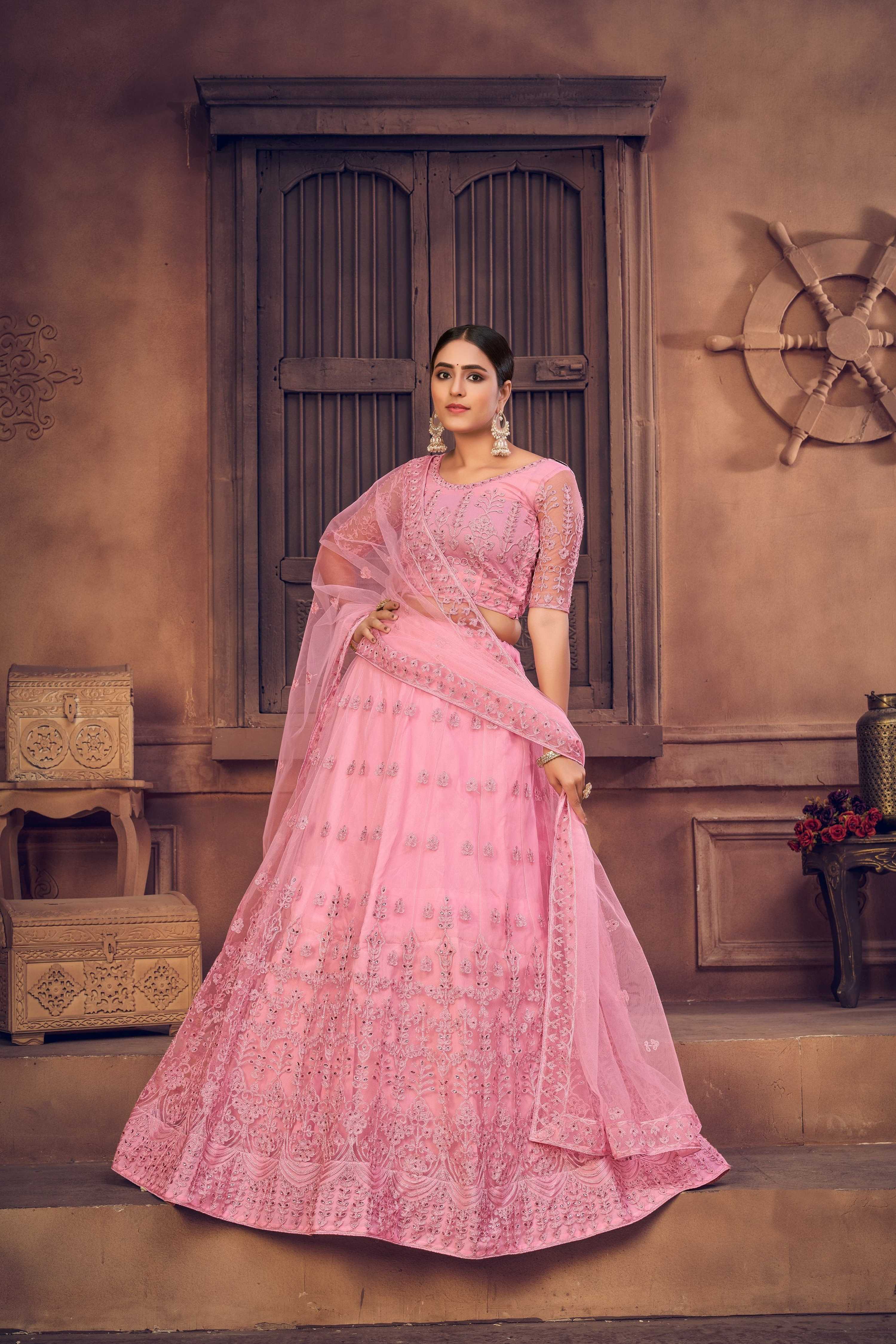Jyoti Fashion Women's Baby Pink Net Thread Embroidered Designer Lehenga Choli Set