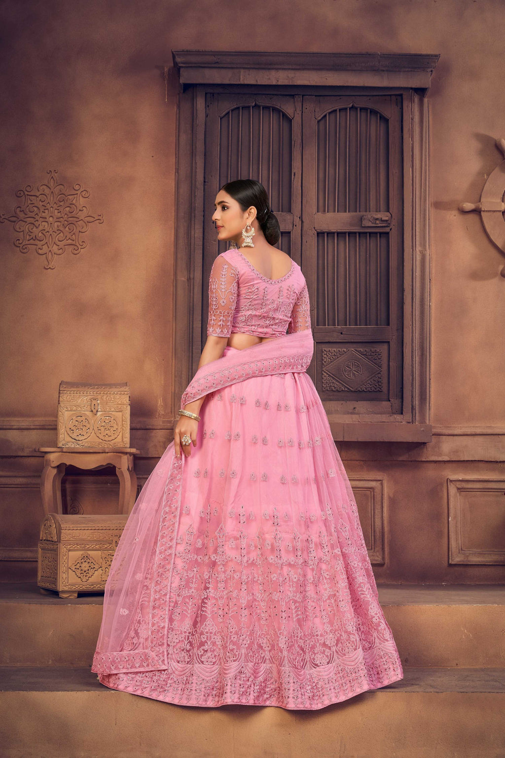 Jyoti Fashion Women's Baby Pink Net Thread Embroidered Designer Lehenga Choli Set