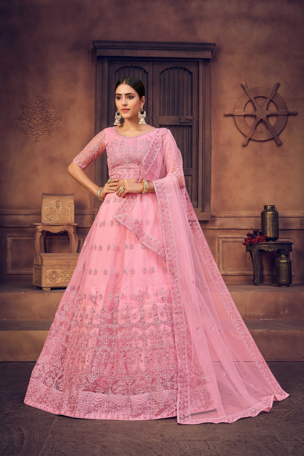 Jyoti Fashion Women's Baby Pink Net Thread Embroidered Designer Lehenga Choli Set