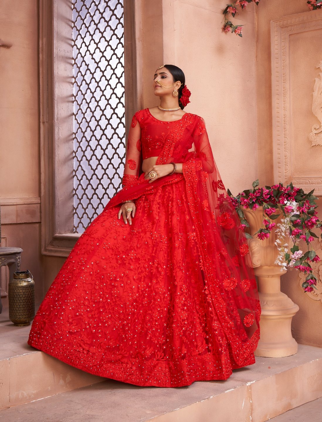 Jyoti Fashion Women's Red Net Thread Embroidered Designer Lehenga Choli Set