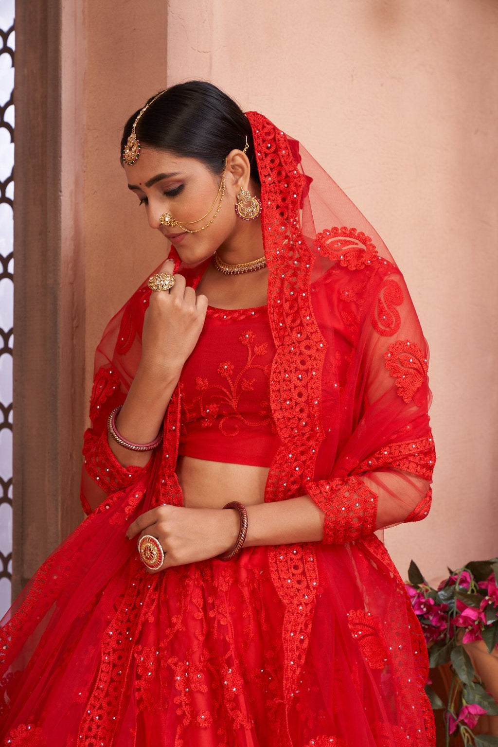 Jyoti Fashion Women's Red Net Thread Embroidered Designer Lehenga Choli Set