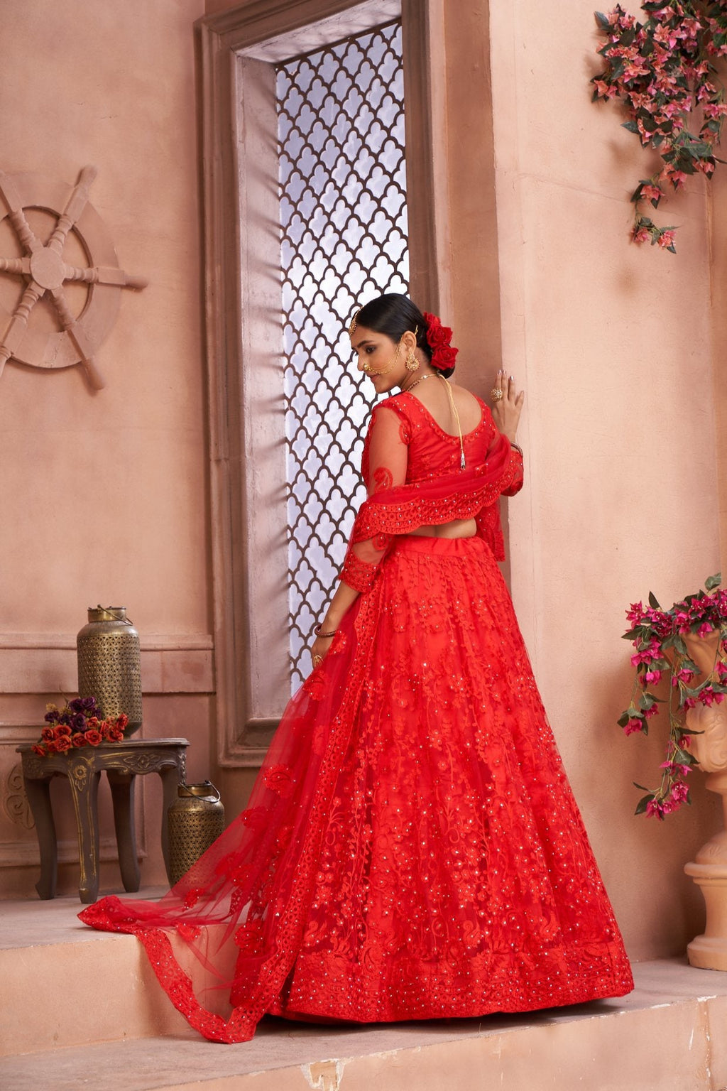 Jyoti Fashion Women's Red Net Thread Embroidered Designer Lehenga Choli Set