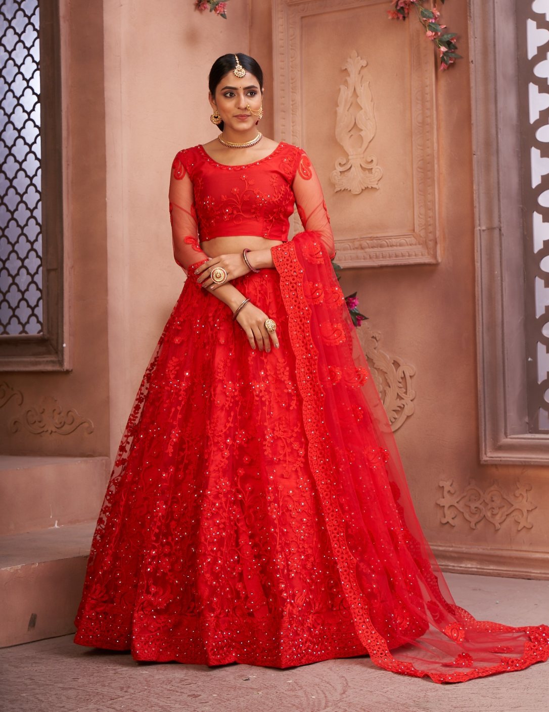 Jyoti Fashion Women's Red Net Thread Embroidered Designer Lehenga Choli Set