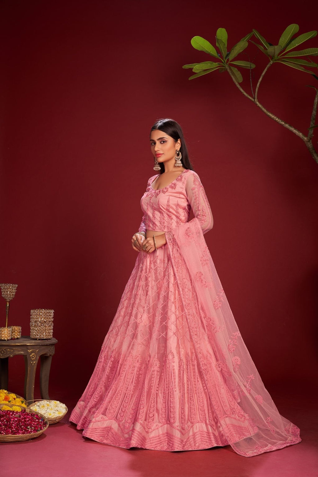 Jyoti Fashion Women's Pink Net Thread Embroidered Designer Lehenga Choli Set