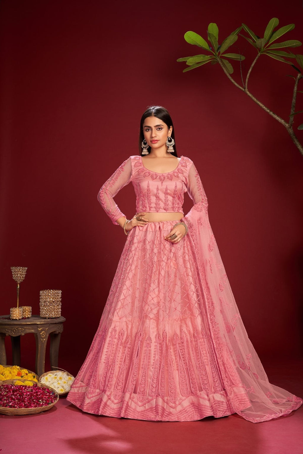 Jyoti Fashion Women's Pink Net Thread Embroidered Designer Lehenga Choli Set