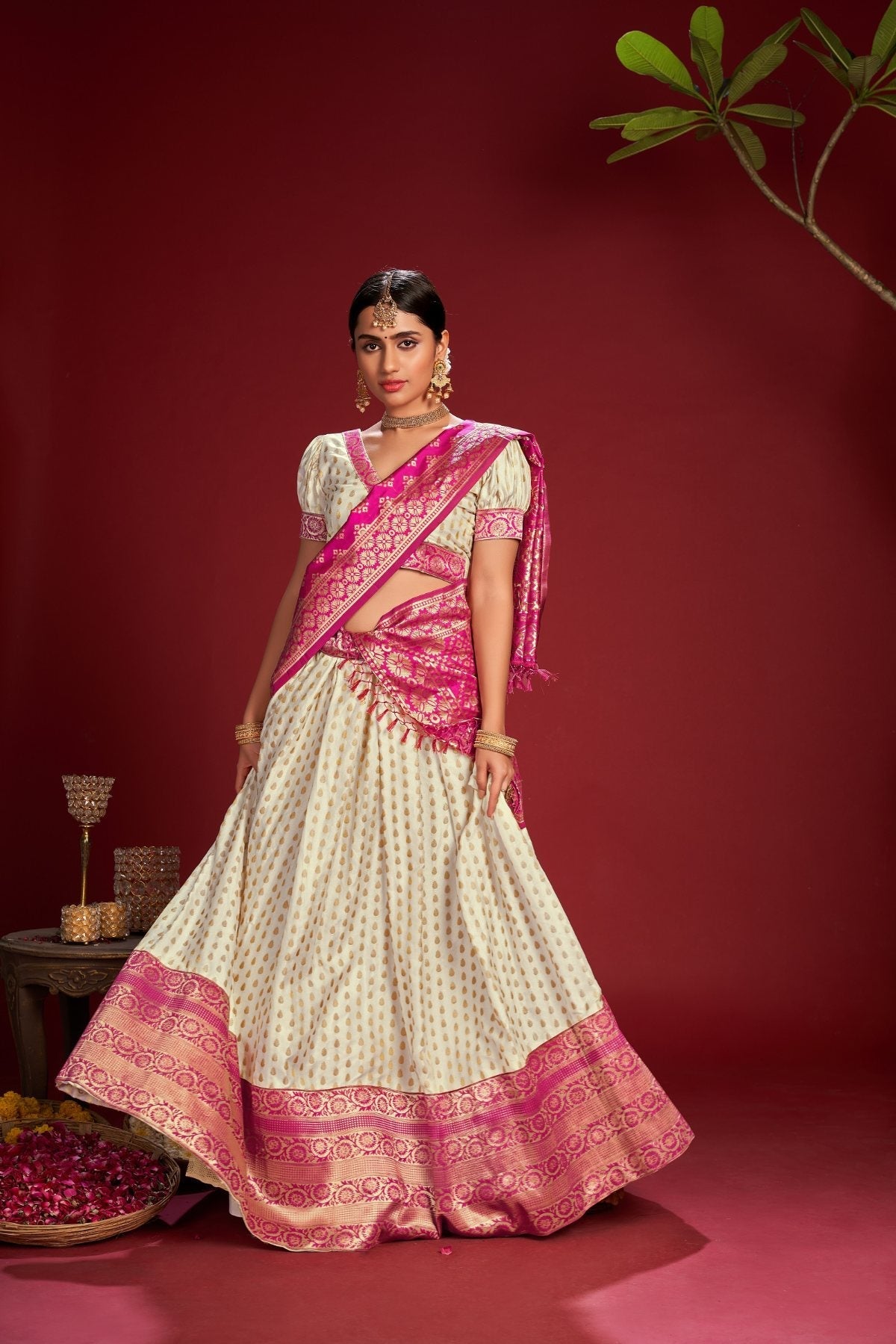 Jyoti Fashion Women's White Jacquard Zari Woven Designer Lehenga Choli Set
