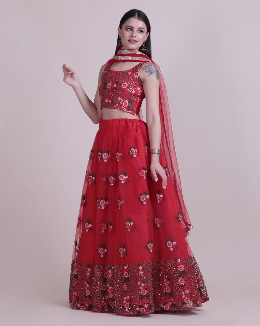 Jyoti Fashion Women's Red Net Thread Embroidered Designer Lehenga Choli Set
