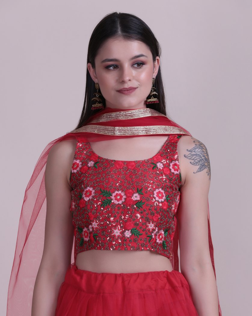 Jyoti Fashion Women's Red Net Thread Embroidered Designer Lehenga Choli Set