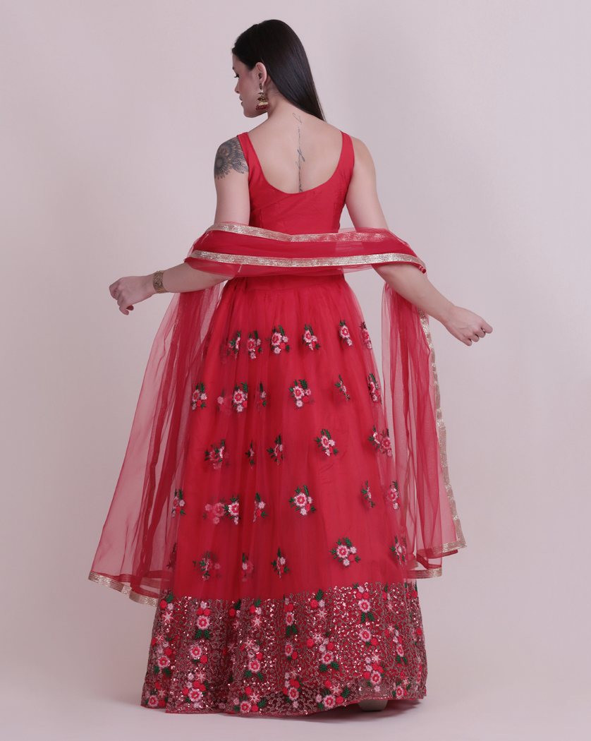 Jyoti Fashion Women's Red Net Thread Embroidered Designer Lehenga Choli Set