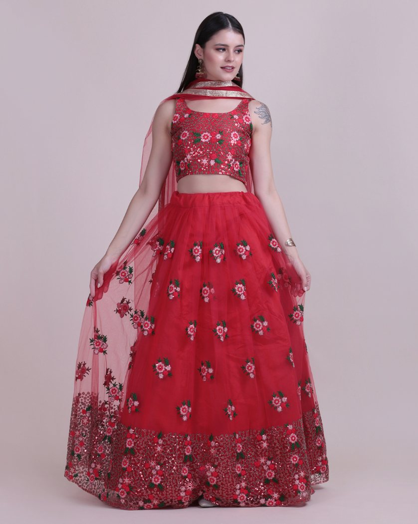 Jyoti Fashion Women's Red Net Thread Embroidered Designer Lehenga Choli Set