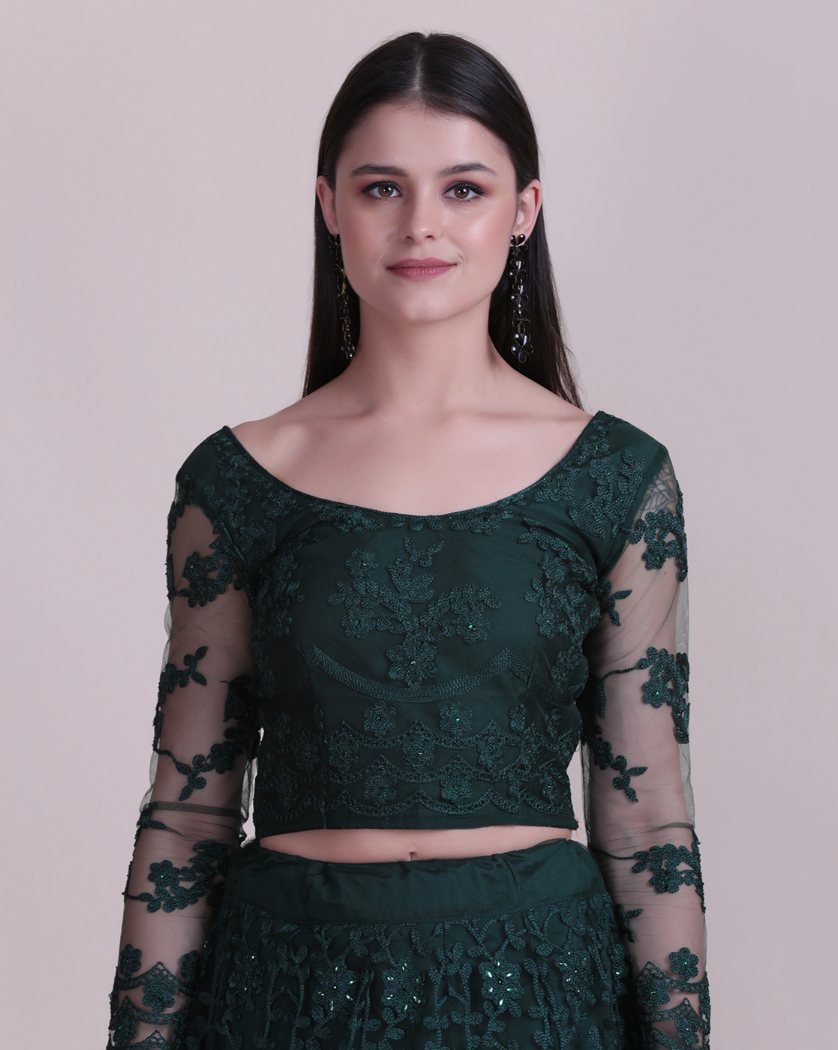 Jyoti Fashion Women's Dark Green Net Thread Embroidered Designer Lehenga Choli Set