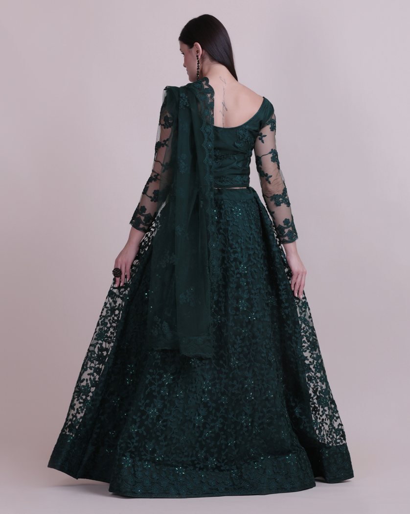 Jyoti Fashion Women's Dark Green Net Thread Embroidered Designer Lehenga Choli Set