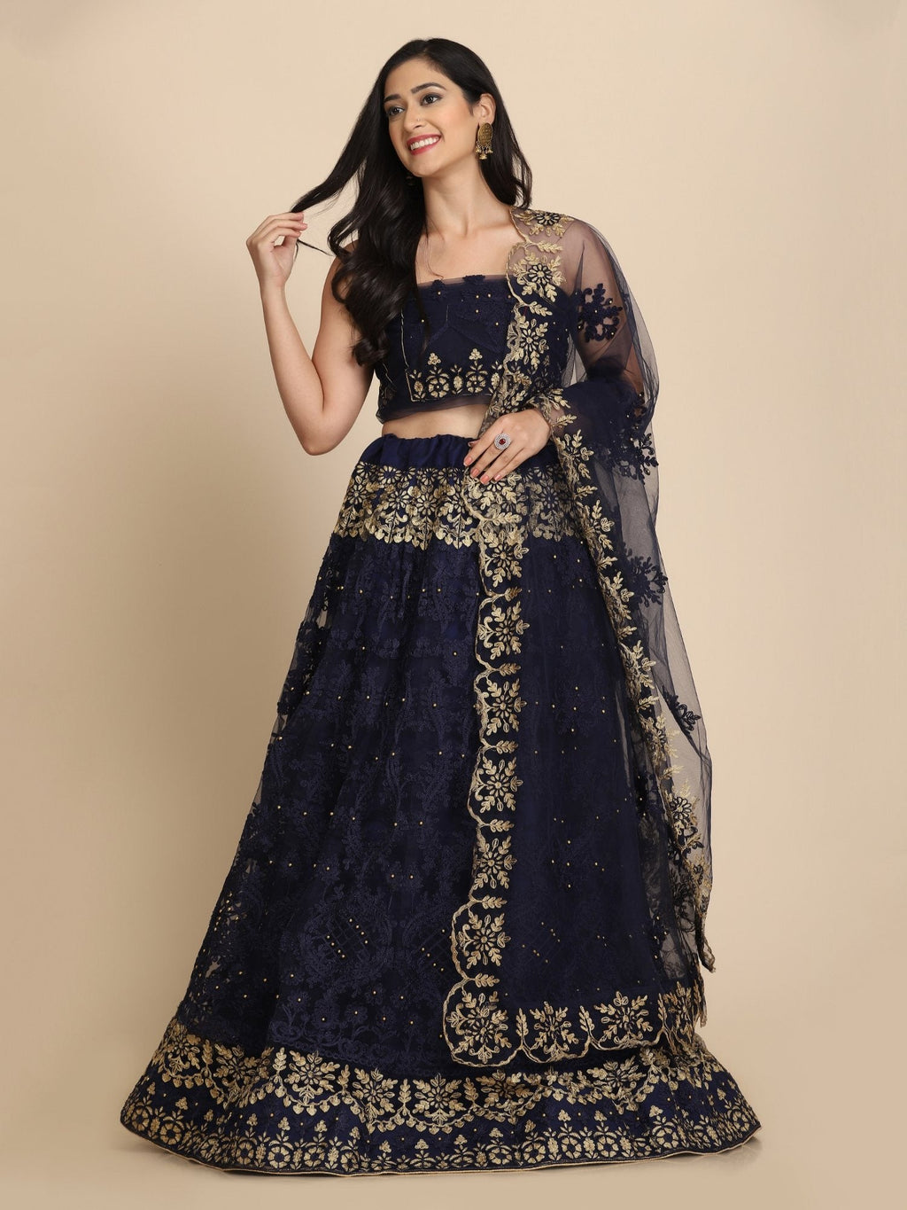 Jyoti Fashion Women's Navy Blue Net Thread Embroidered Designer Lehenga Choli Set