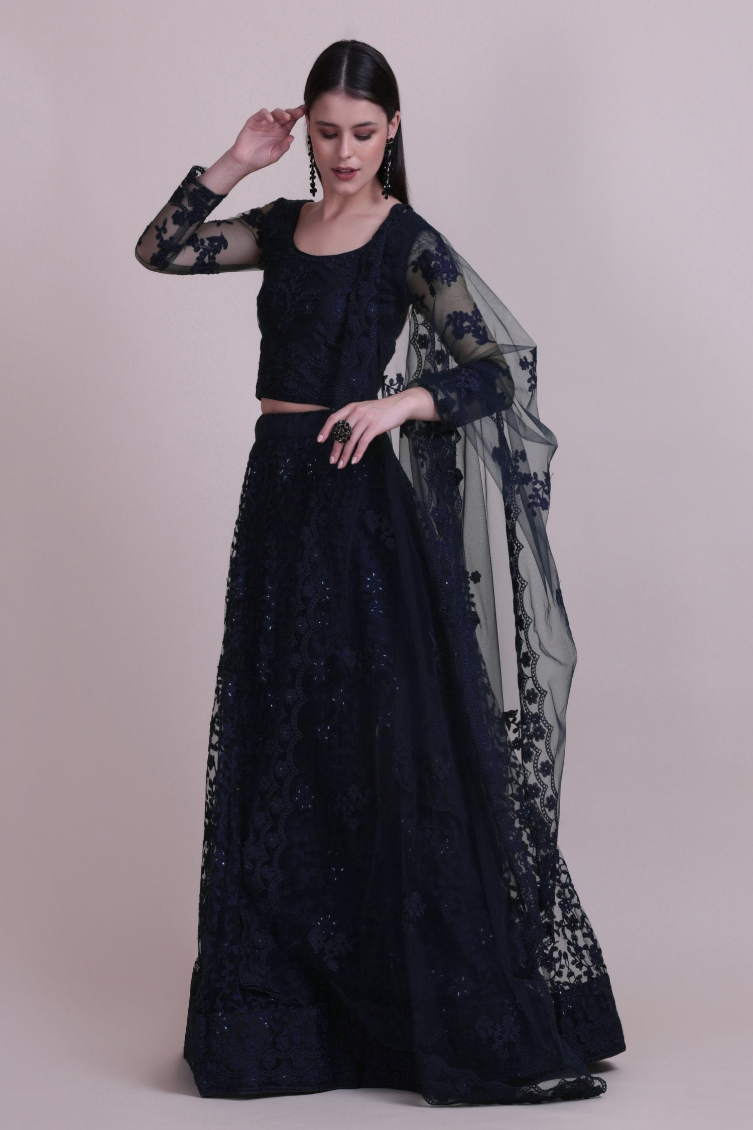 Jyoti Fashion Women's Navy Blue Net Thread Embroidered Designer Lehenga Choli Set