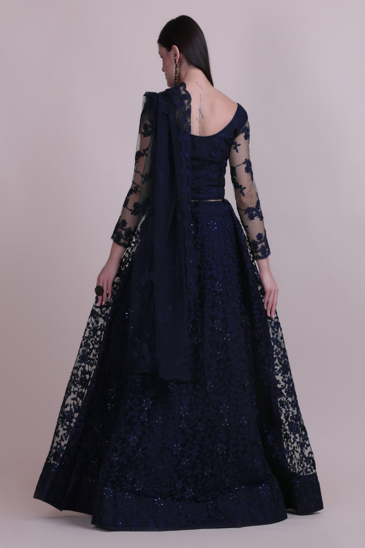 Jyoti Fashion Women's Navy Blue Net Thread Embroidered Designer Lehenga Choli Set
