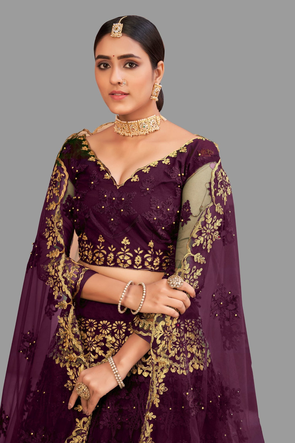 Jyoti Fashion Women's Purple Net Thread Embroidered Designer Lehenga Choli Set