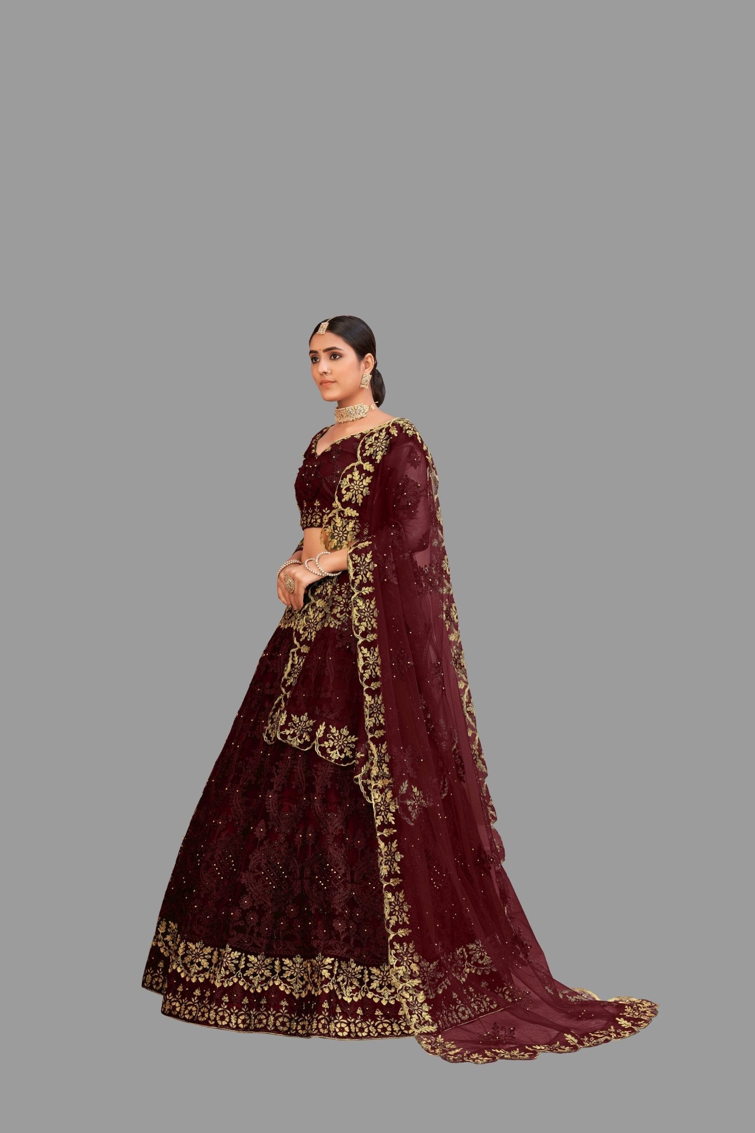 Jyoti Fashion Women's Maroon Net Thread Embroidered Designer Lehenga Choli Set