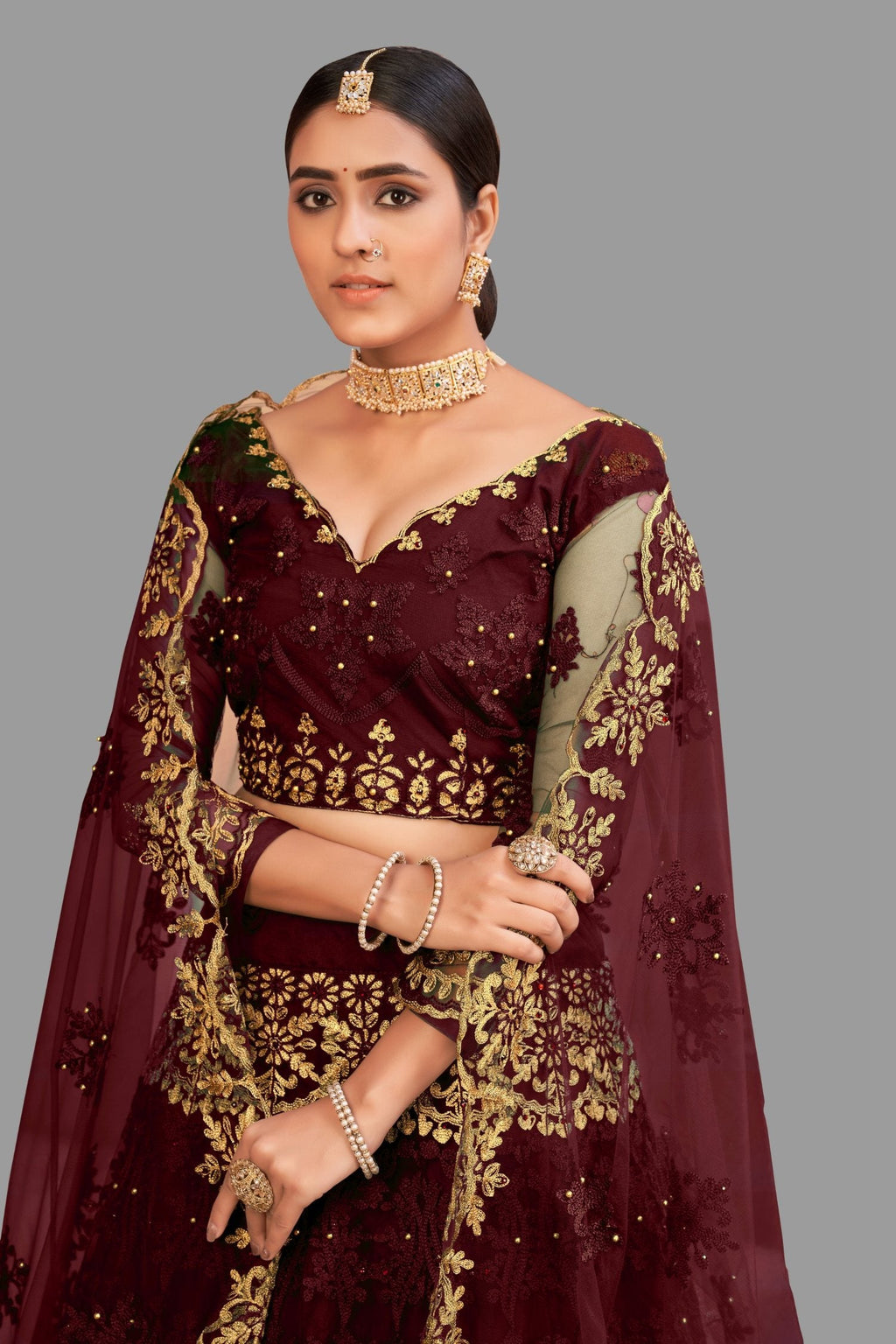 Jyoti Fashion Women's Maroon Net Thread Embroidered Designer Lehenga Choli Set