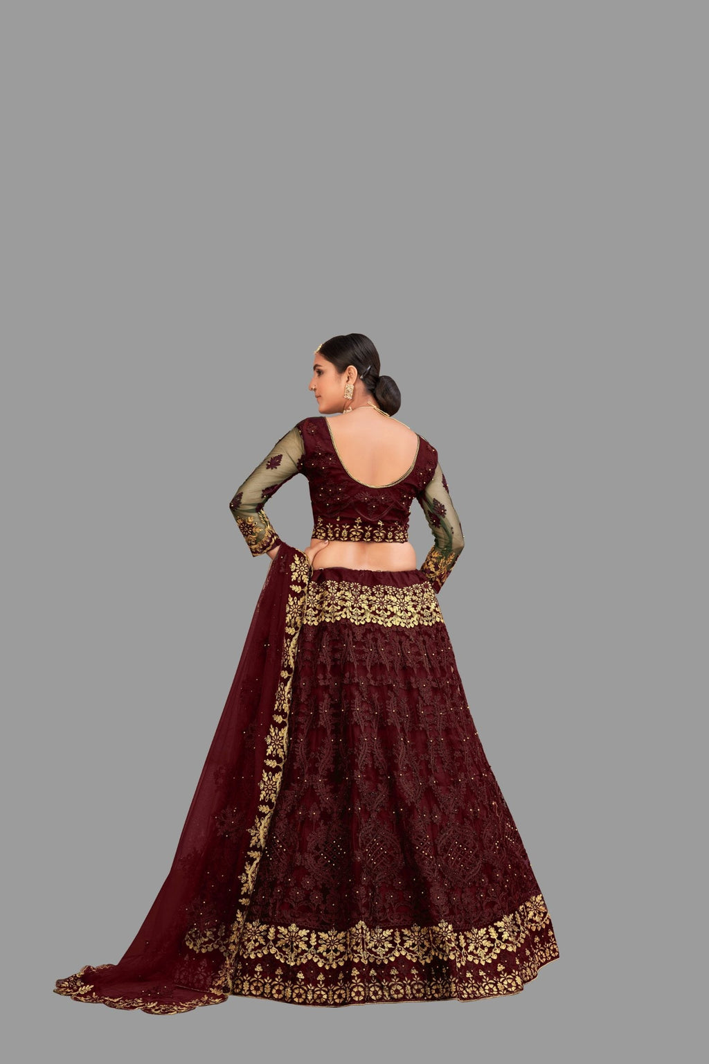Jyoti Fashion Women's Maroon Net Thread Embroidered Designer Lehenga Choli Set